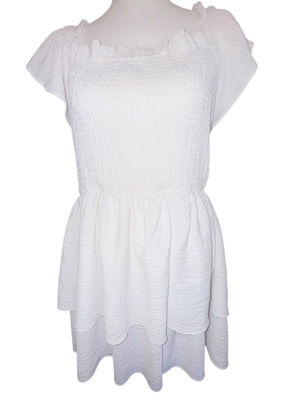 Express White Off the Shoulder-Tierd Dress with Subtle Pattern Detail